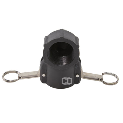 Plastic 1 1/2" Female Camlock x 1 1/2" Female NPT 90 Degree Elbow