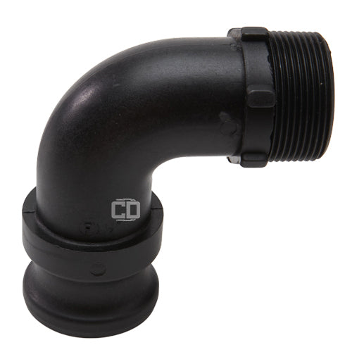 Plastic 1 1/2" Male Camlock x 1 1/2" Male NPT 90 Degree Elbow