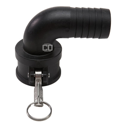 Plastic 2" Female Camlock x Hose Shank 90 Degree Elbow