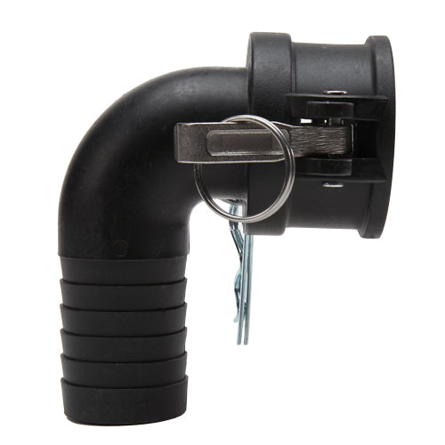 Plastic 2" Female Camlock x Hose Shank 90 Degree Elbow