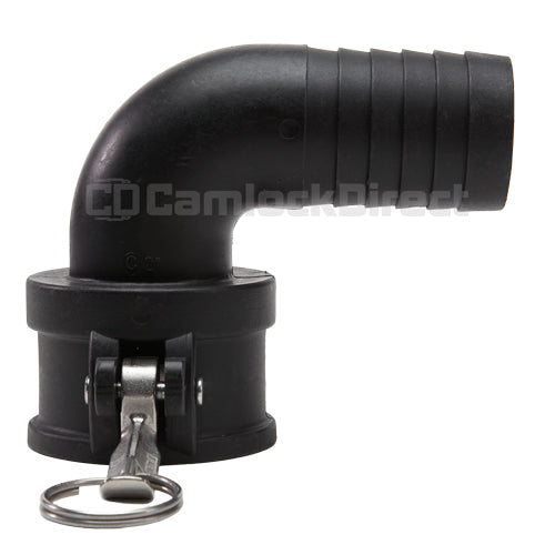 Plastic 2" Female Camlock x Hose Shank 90 Degree Elbow