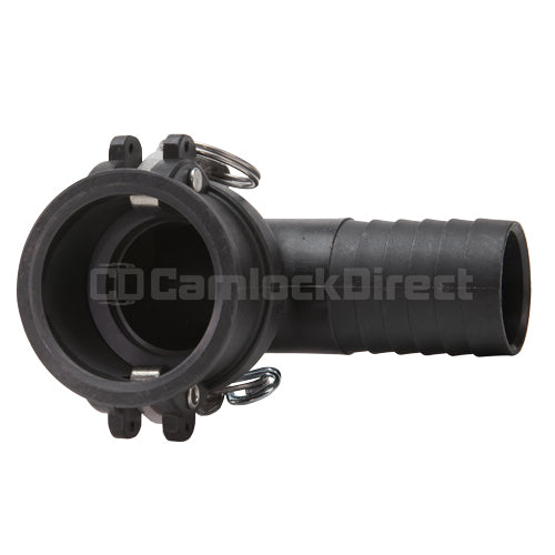 Plastic 2" Female Camlock x Hose Shank 90 Degree Elbow